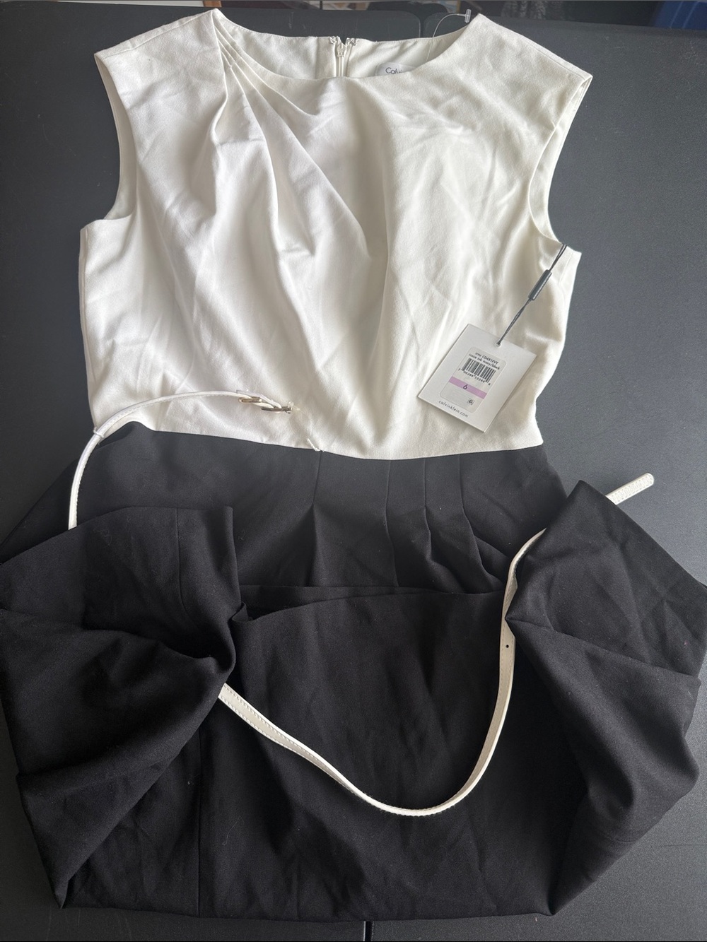 Calvin Klein White and Black Sleeveless Belted Fit-and-Flare Dress